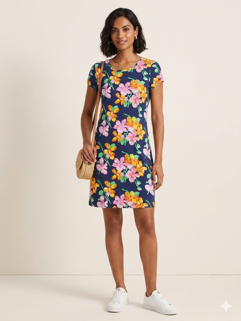 Lauren Ralph Lauren Floral Knit Short Sleeve Shift Dress Navy Pink S